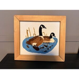 Vintage Crewel Canadian Geese Embroidery Art Woodland Boho Fiber Decor 16x14